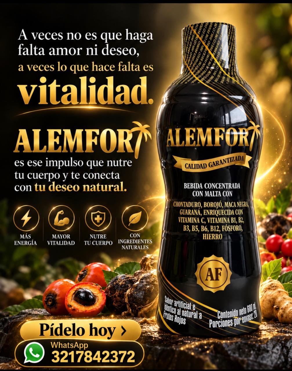 Alenfort: fotografía y etiqueta de botella de 600 ml